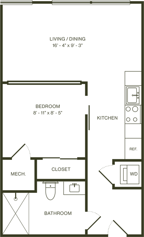 Floor plan for studio, 1 bath, 484 sqft